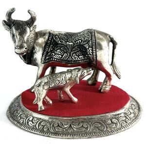Oxidized White Silver Metal Religious Cow and Calf Figure 5.5” Long 4” Tall